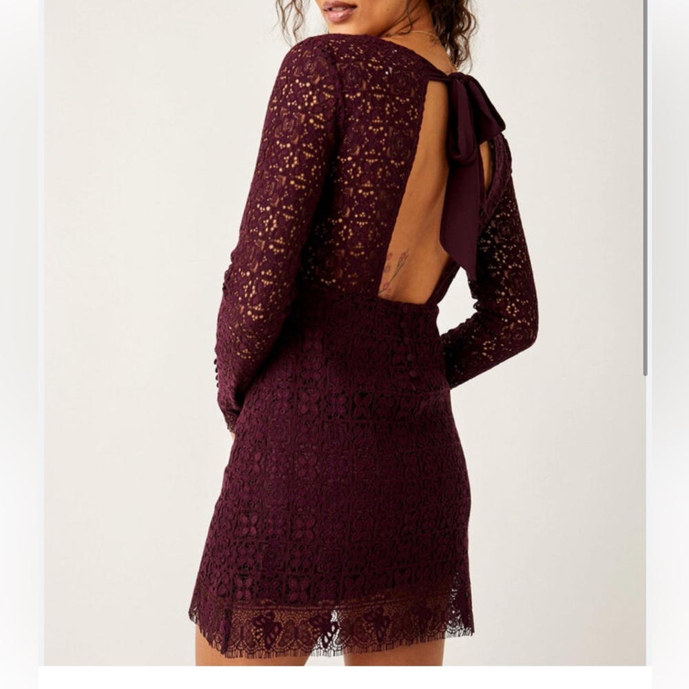 New Free People Burgundy lace open bow back mini dress